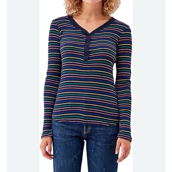 Sundry Striped Henley 3‎ Large Long Sleeve Blue Raw Hem Knit Casual Colorful Top - Picture 11 of 11